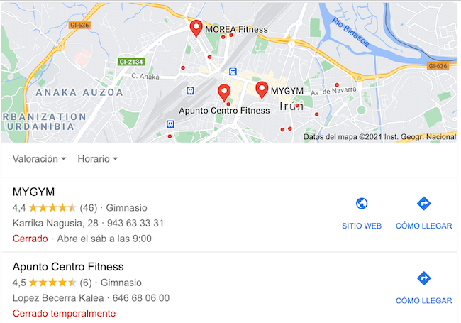 Gimnasios de Irún en Google Maps